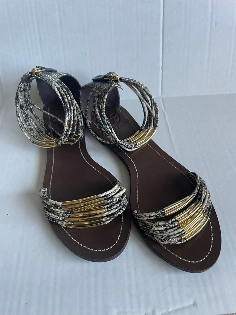 Tory Burch Gold and Snake-Print Ankle Wrap Ladies Sandals Size 9.5